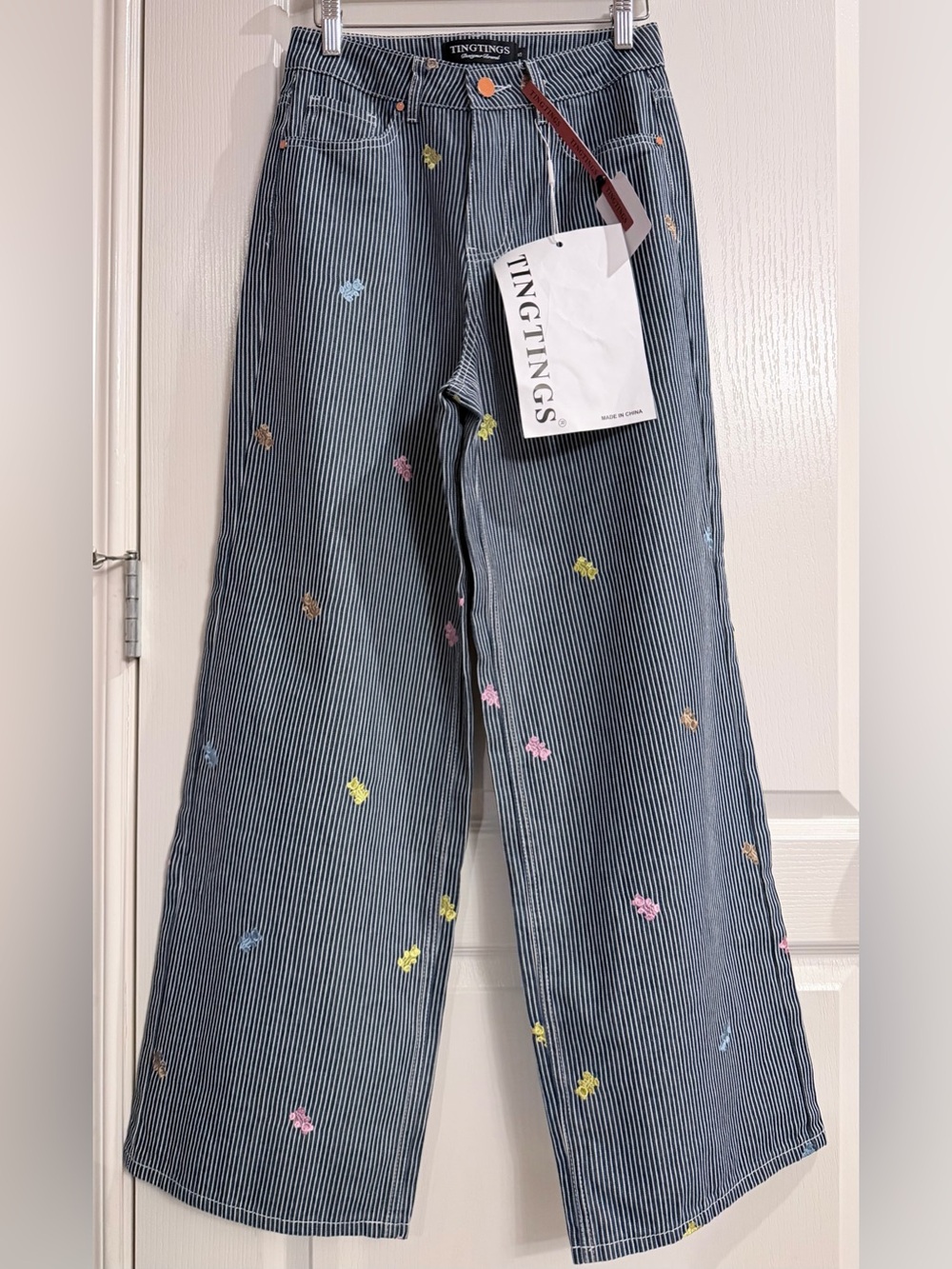 Striped Wide-Leg Jeans with Multicolor Embroidered Bears